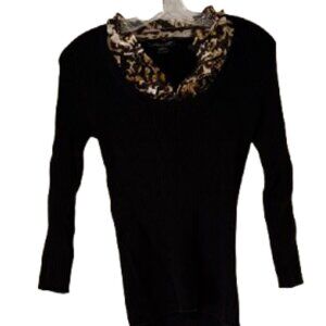 August Silk Black Stretchy 3/4 Sleeve Sweater w/Ruffle Neck - Medium